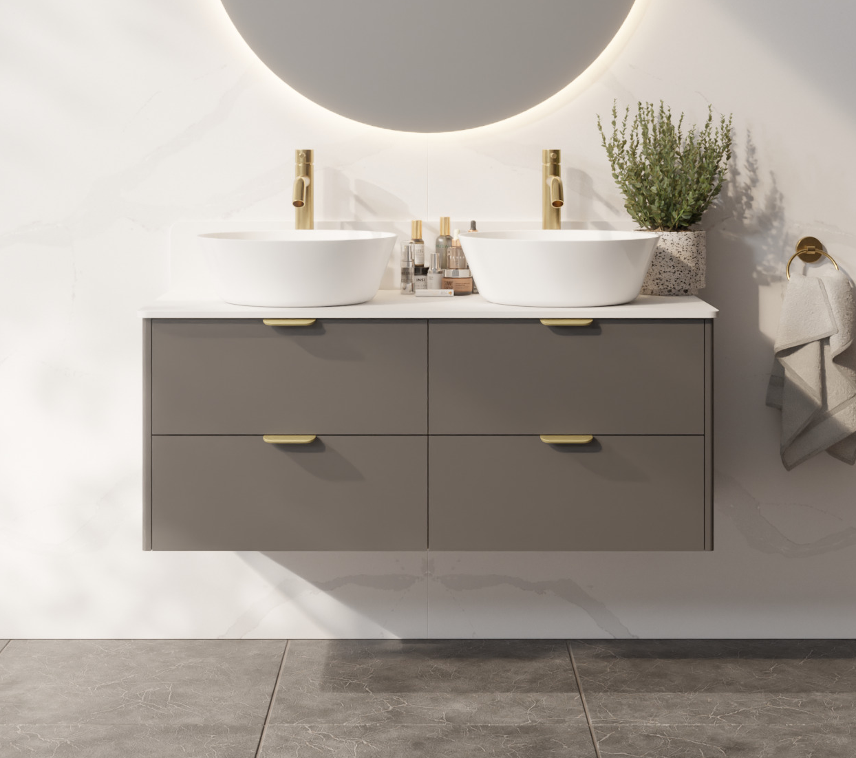 Beck wall-hung four-drawer double vanity in a dark neutral finish