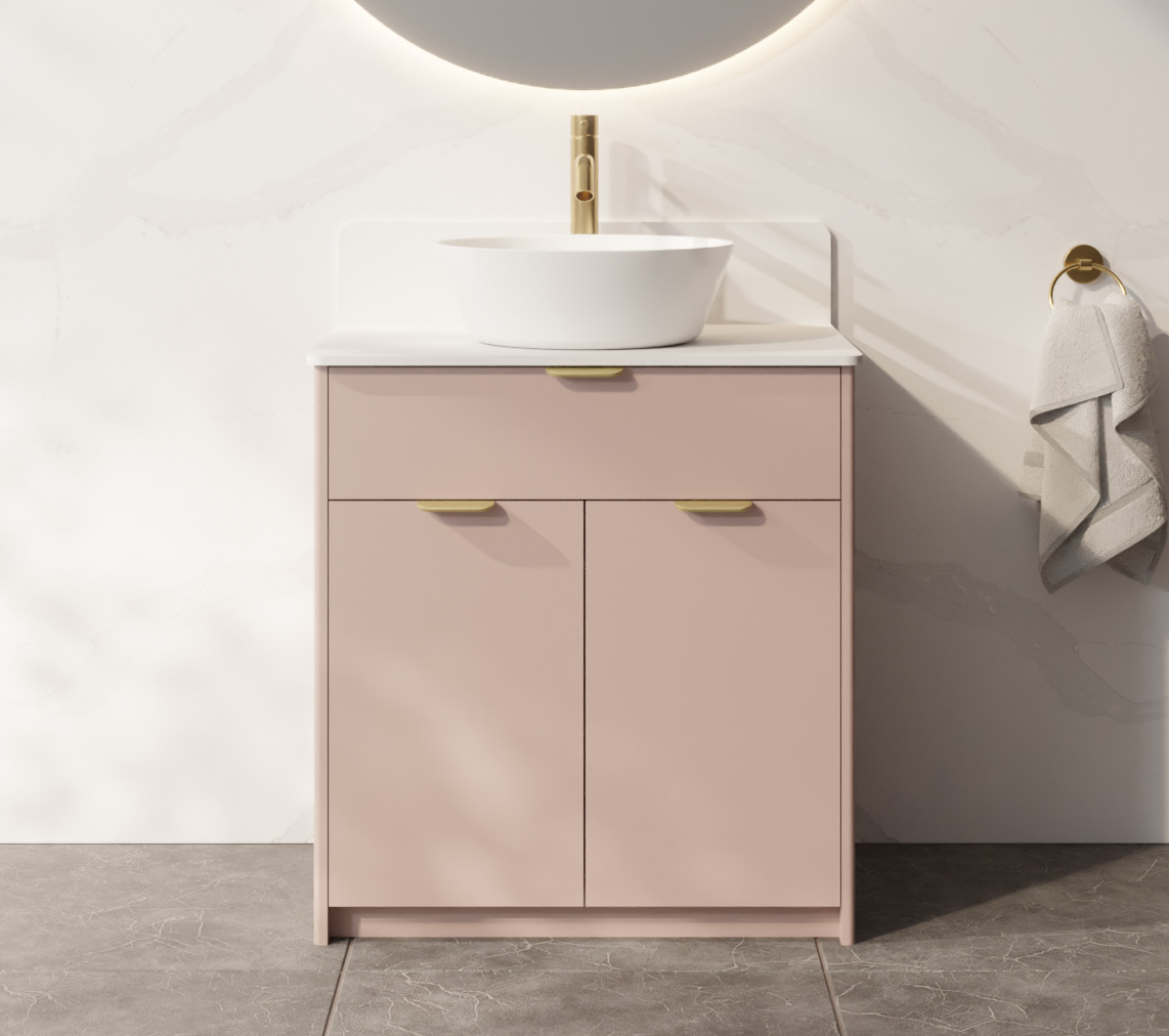 Delia single vanity with one drawer and two doors in a soft pink finish