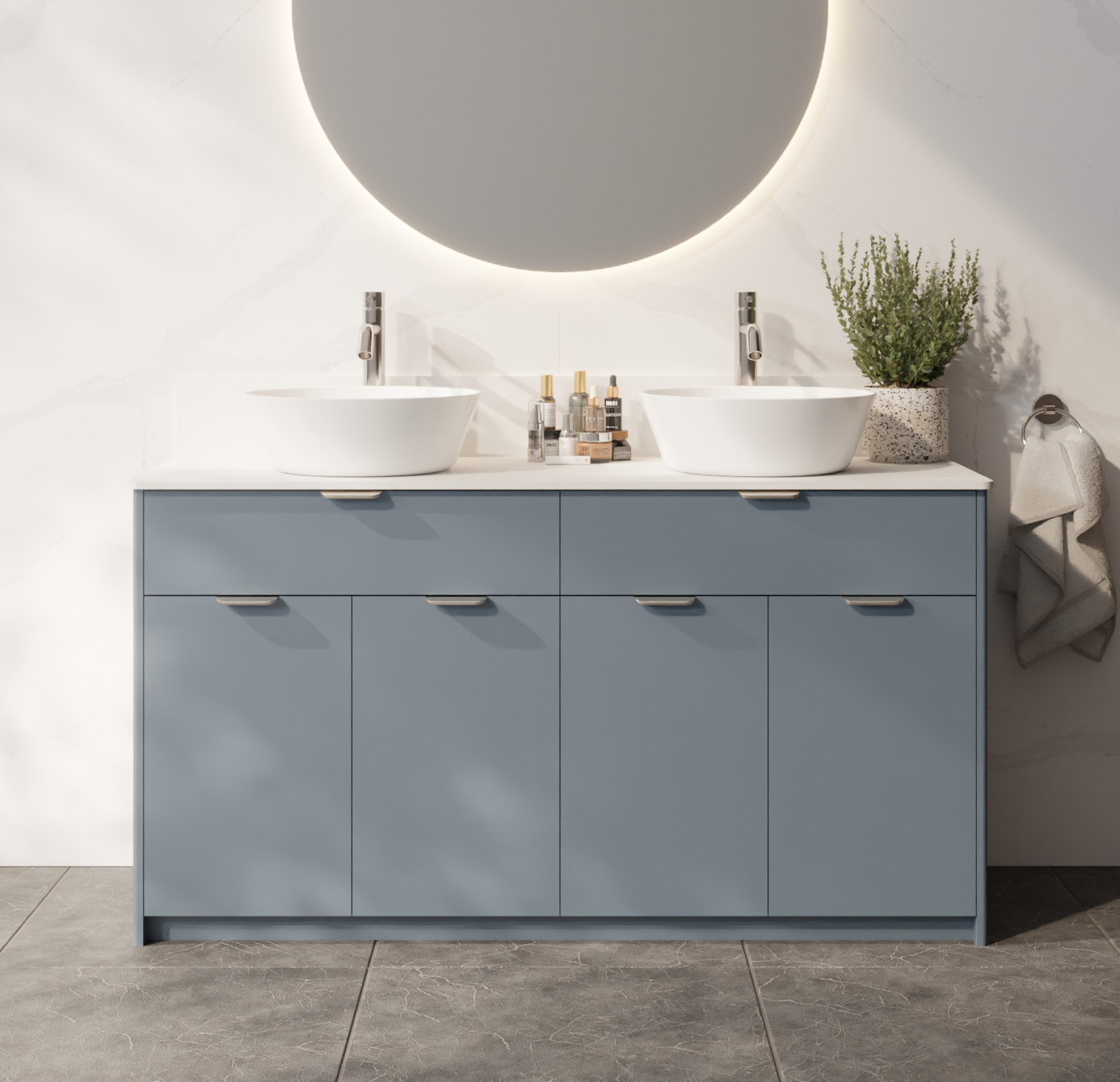 Hepworth double vanity with drawers and doors in a blue finish