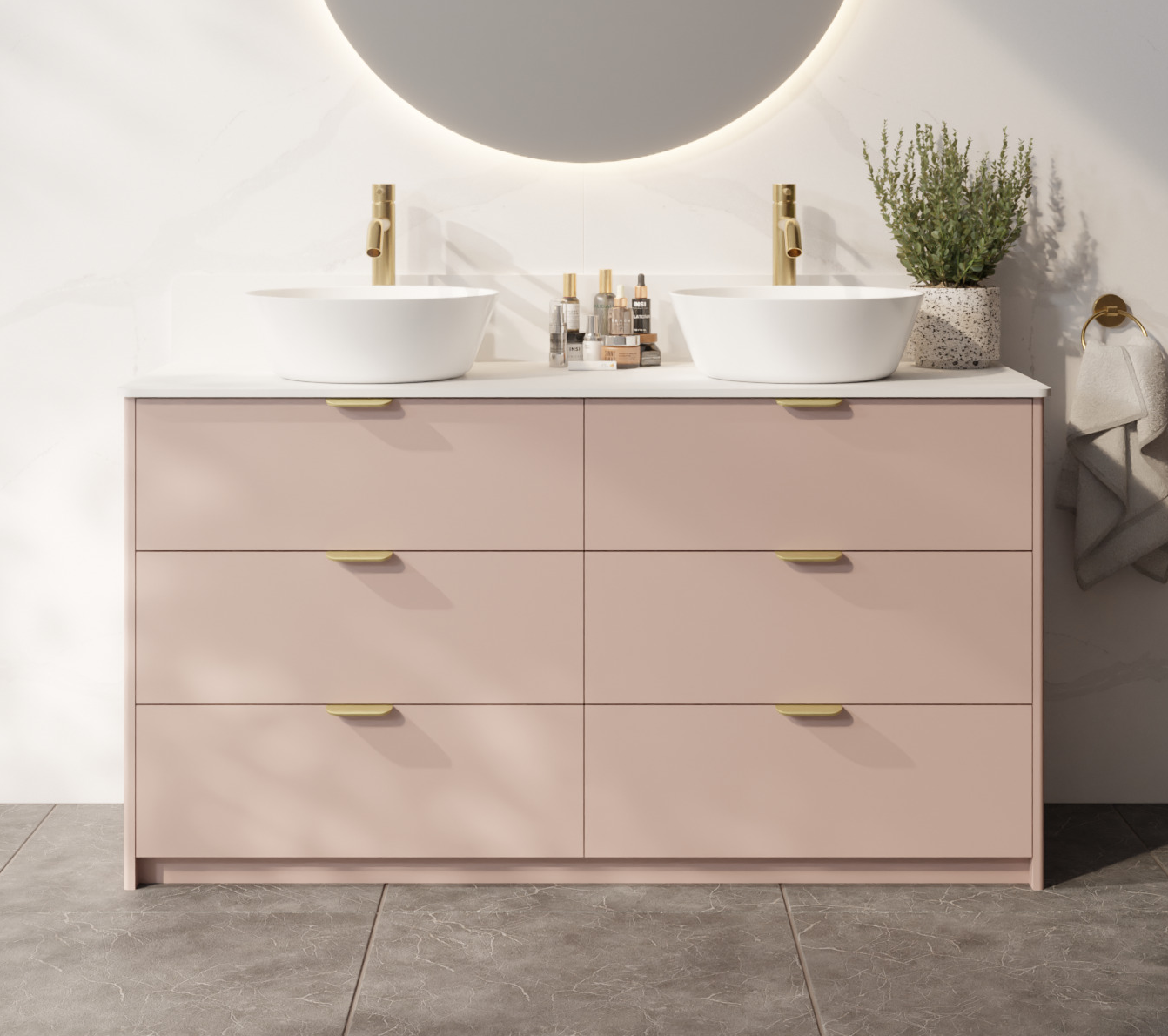 Joan six-drawer double vanity in a soft pink finish