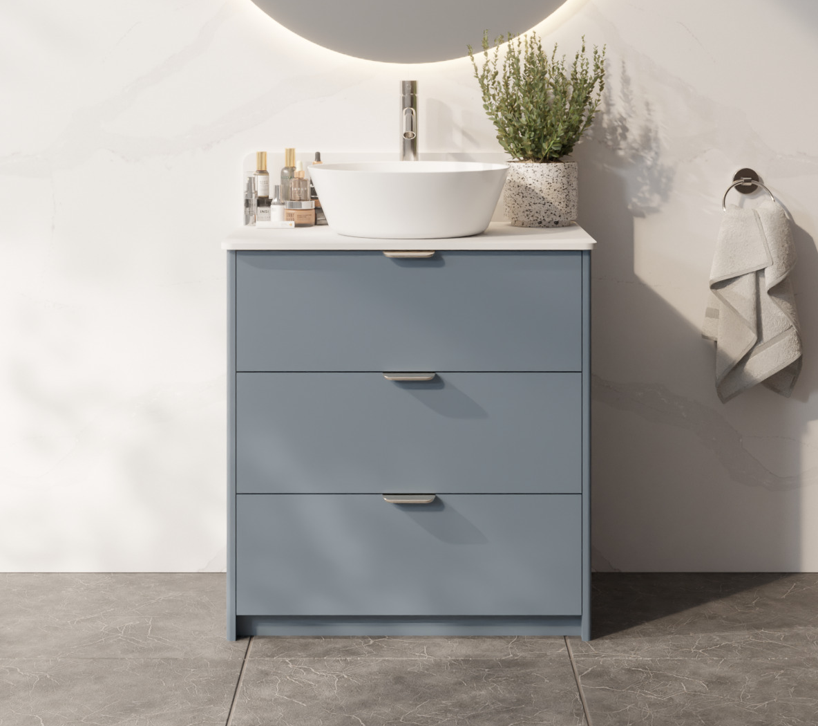 Lyon three-drawer single vanity in a blue finish