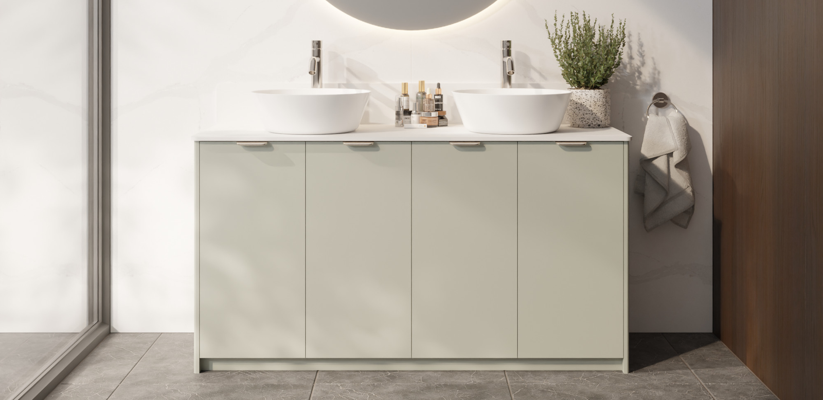 Hedy four-door double vanity in a warm contemporary bathroom