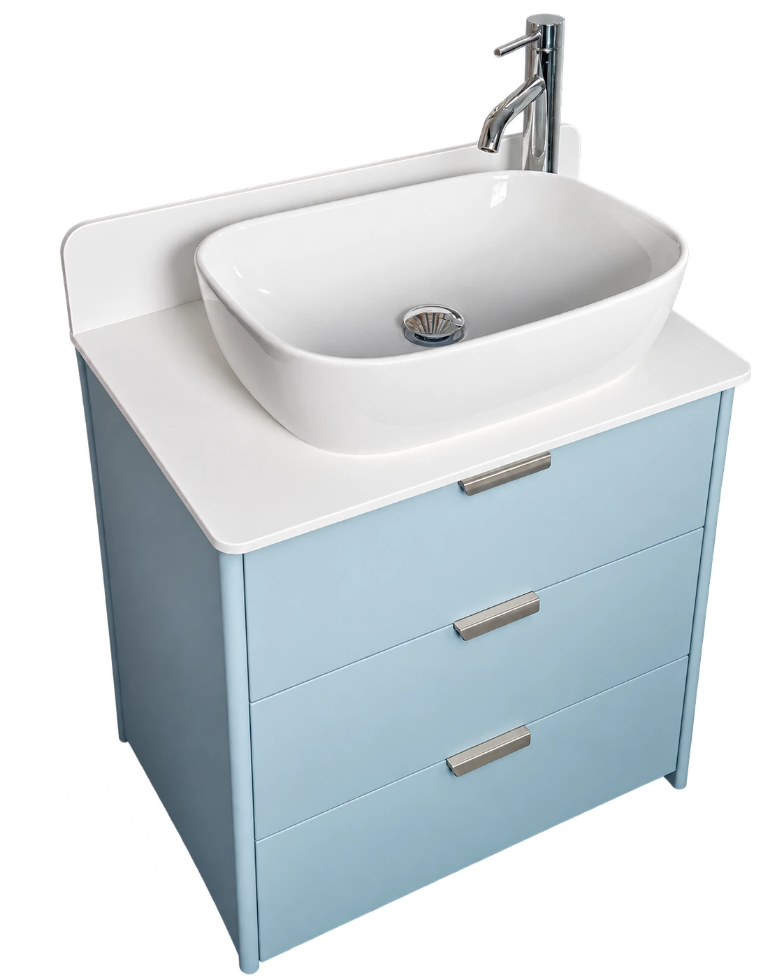Complete blue-grey three-drawer Daniel Roe sample with drawers closed, countertop basin and chrome tap